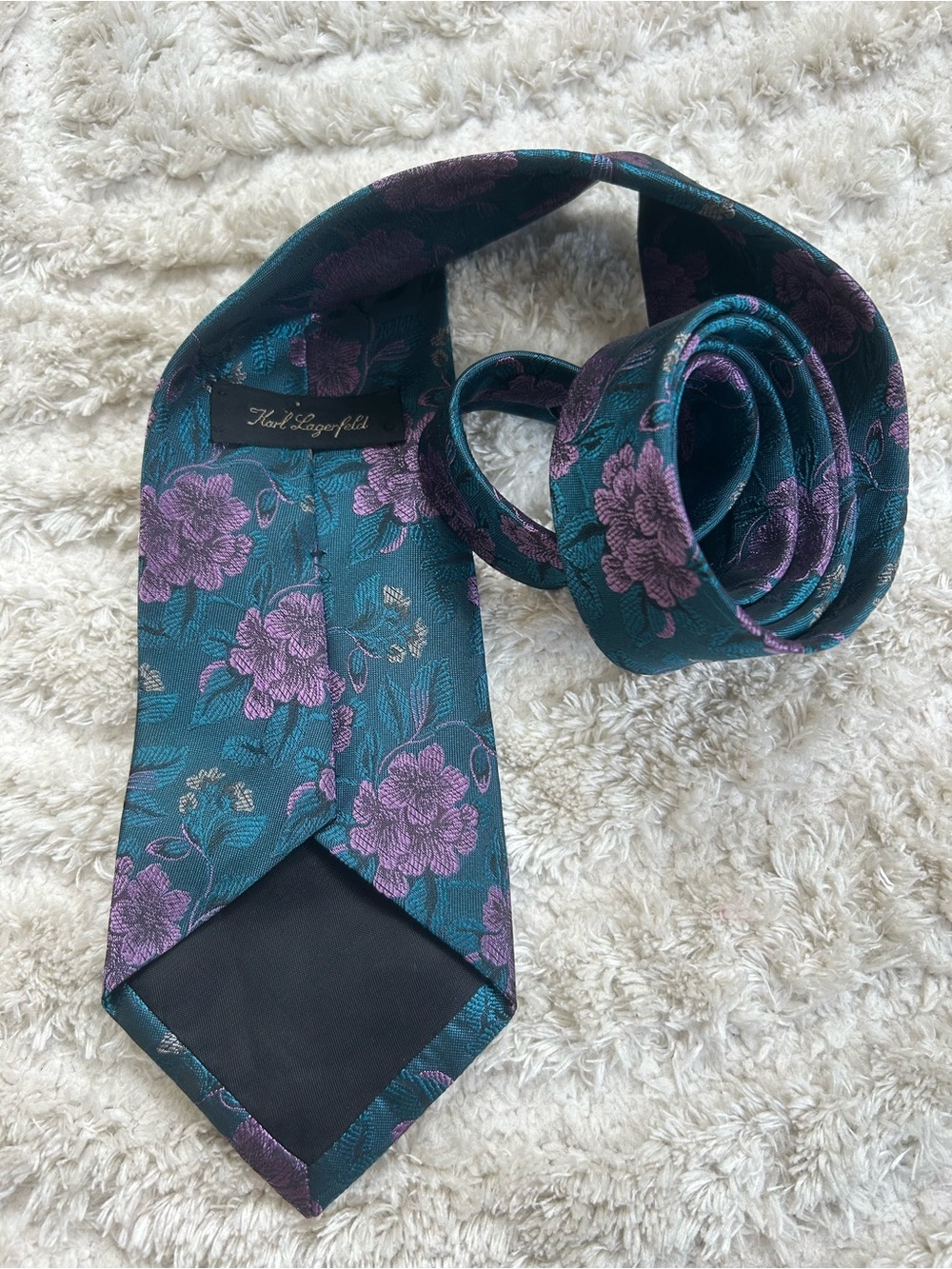 Karl Lagerfeld Teal Floral Tie with Purple Blooms